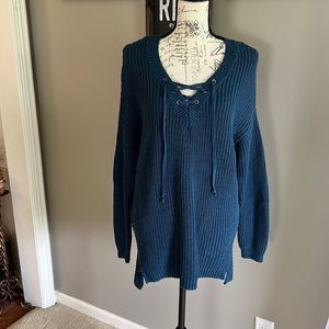 Great condition Ruff Hewn teal XL shaker knit sweater with lace up detail